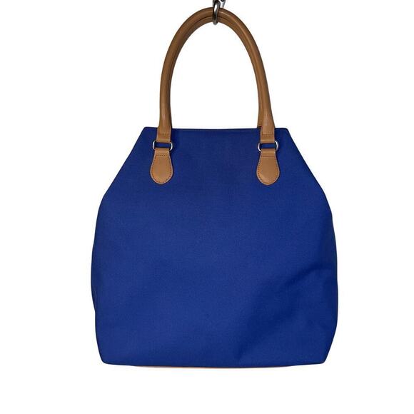 Talbots medium blue canvas contrast tan handle snap closure Y2K satchel handbag - Picture 2 of 10